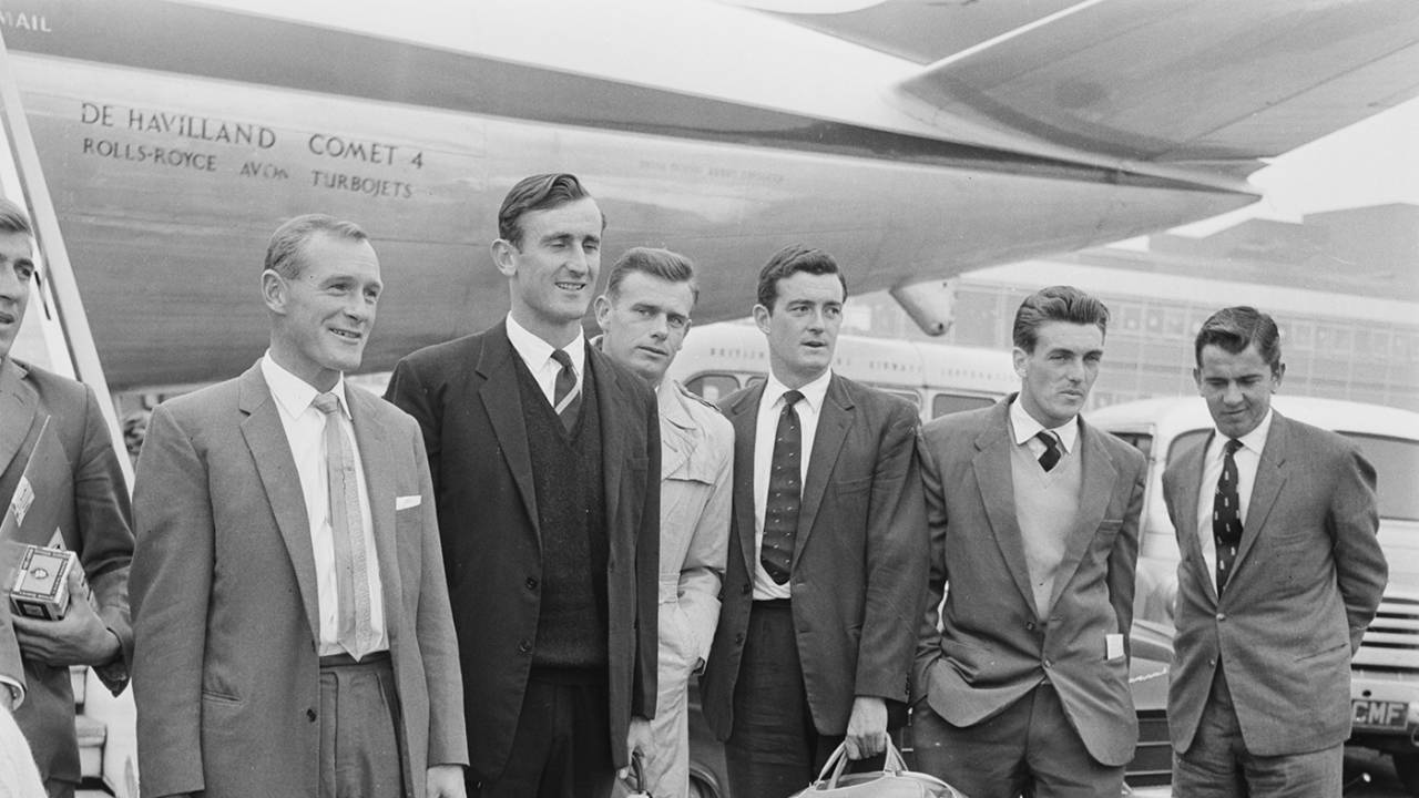 Ted Dexter, Peter Richardson, Geoff Pullar, and David Allen on England's return from Pakistan, London, February 22, 1962