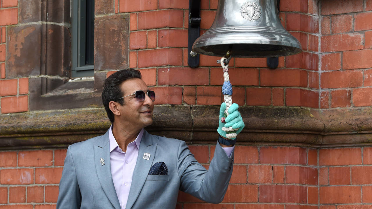 Akram rings the bell at Old Trafford during the 2020 Pakistan Test there. Of all the things you might accuse him of, not being around is not one&nbsp;&nbsp;&bull;&nbsp;&nbsp;Gareth Copley/Getty Images
