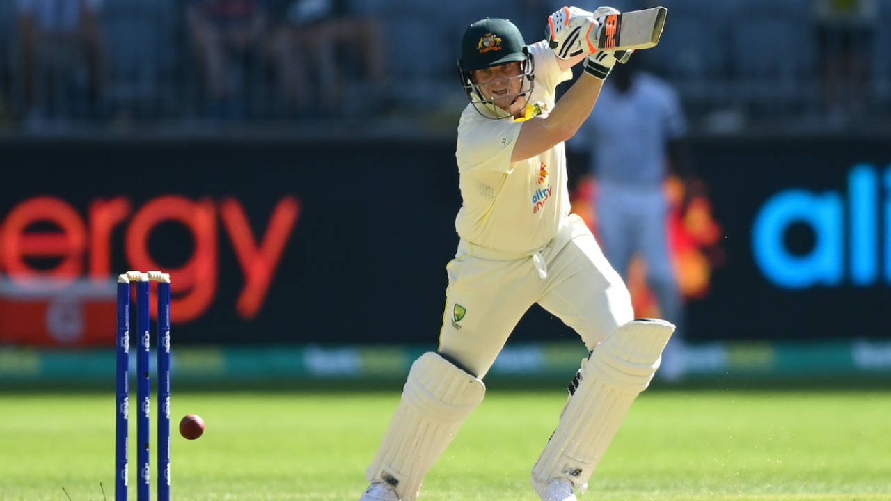 Steve Smith drives the ball through cover, Australia vs West Indies, 1st Test, Perth, 1st Day, November 30, 2022

