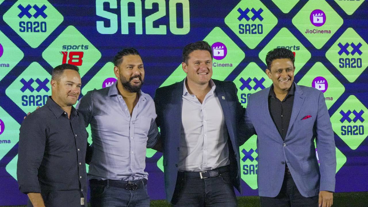 [L to r} Mark Boucher, Yuvraj Singh, Graeme Smith and Anil Kumble at an SA20 launch event, Mumbai, December 2, 2022