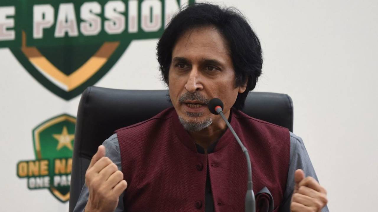 Newly elected PCB chairman Ramiz Raja speaks at a press conference at the cricket academy in Lahore, September 13, 2021