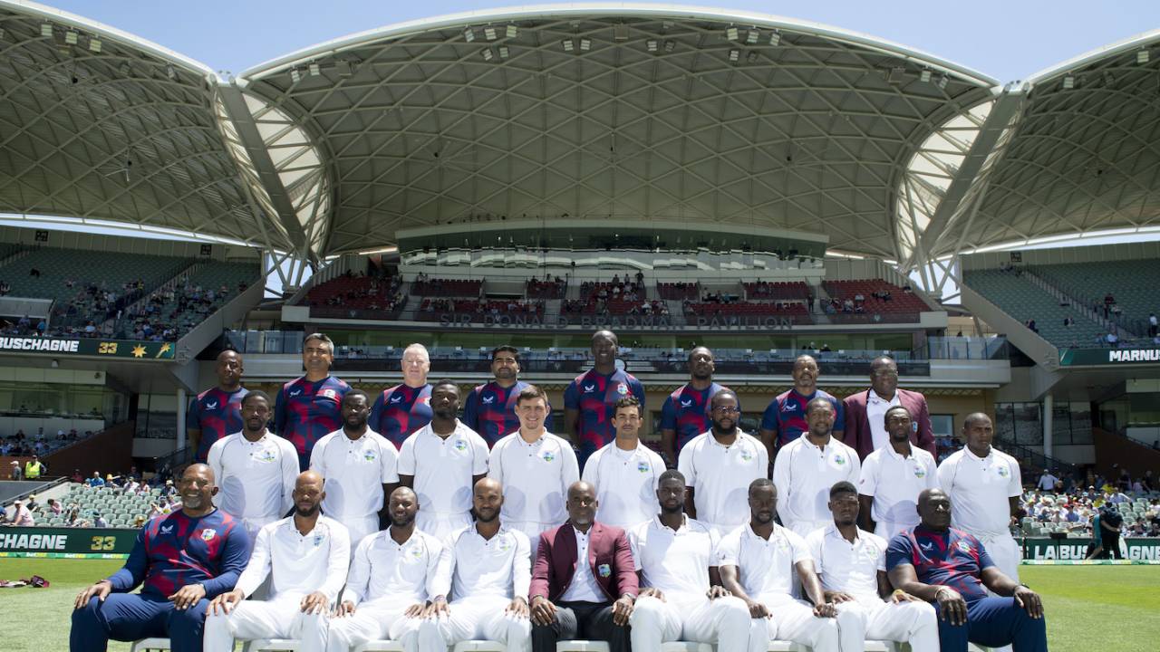West Indies' team and support staff pose in front of the Sir Donald Bradman Pavillion, Australia vs West Indies, 2nd Test, Adelaide, 2nd Day, December 9, 2022