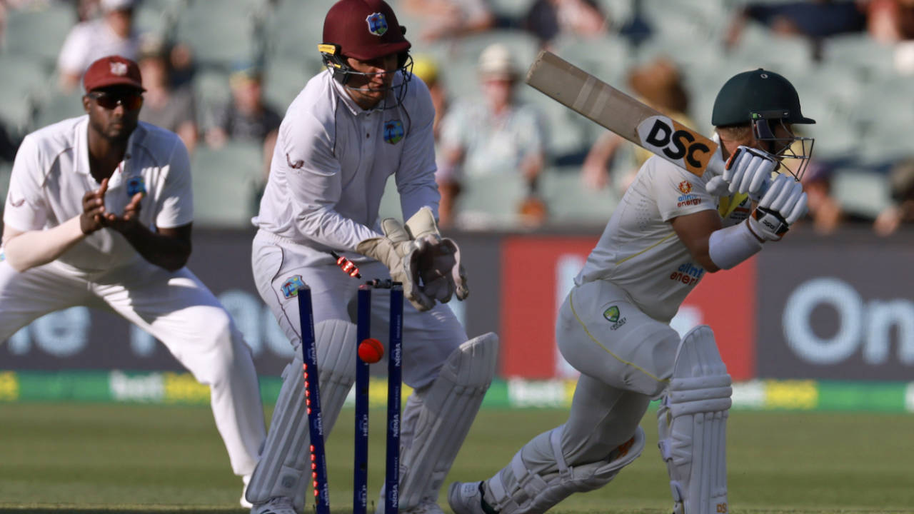 David Warner chopped on against Roston Chase, Australia vs West Indies, 2nd Test, Adelaide, 3rd Day, December 10, 2022
