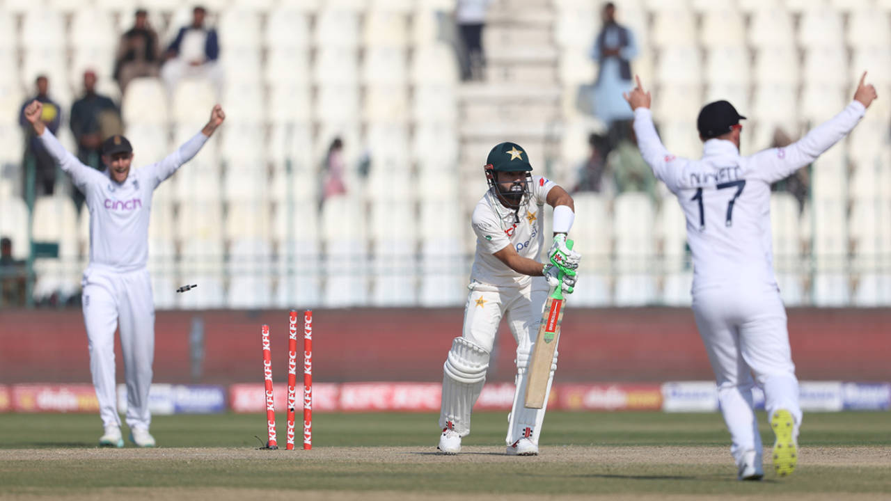 Mohammad Rizwan lost his off stump to James Anderson&nbsp;&nbsp;&bull;&nbsp;&nbsp;Matthew Lewis/Getty Images