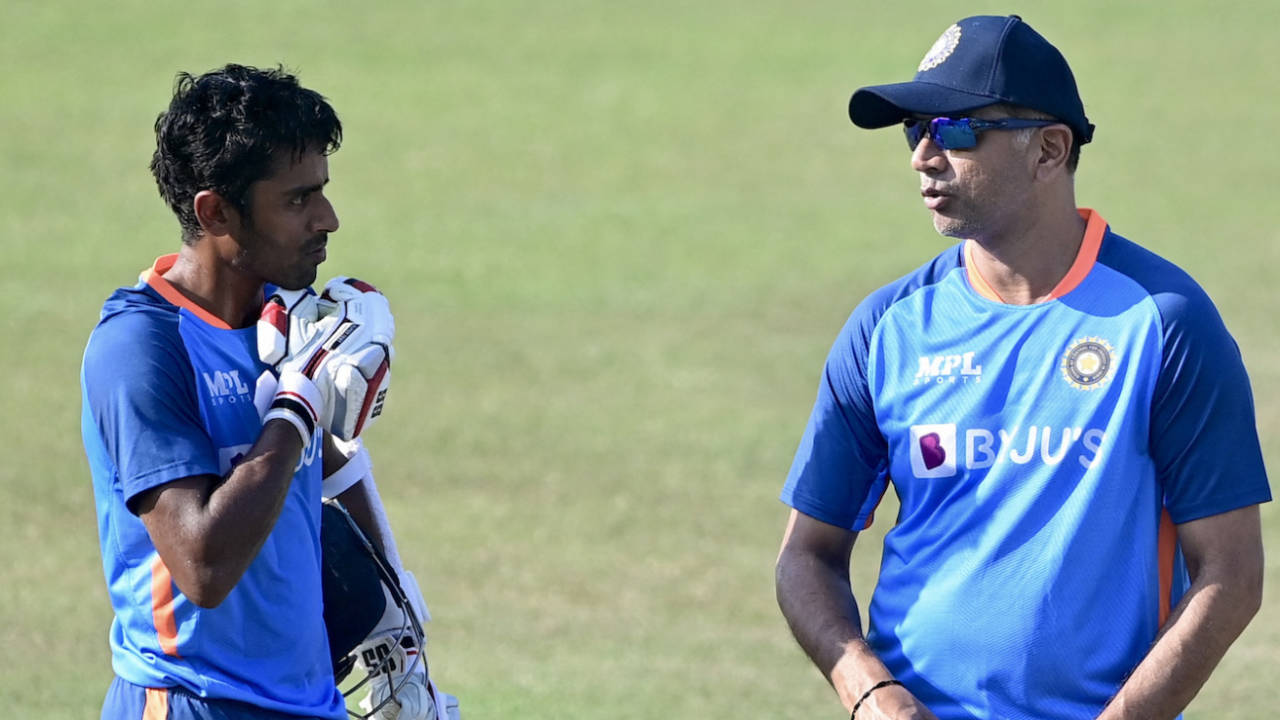 Abhimanyu Easwaran talks to India coach Rahul Dravid at a net session ahead of the first Test against Bangladesh, Chattogram, December 11, 2022