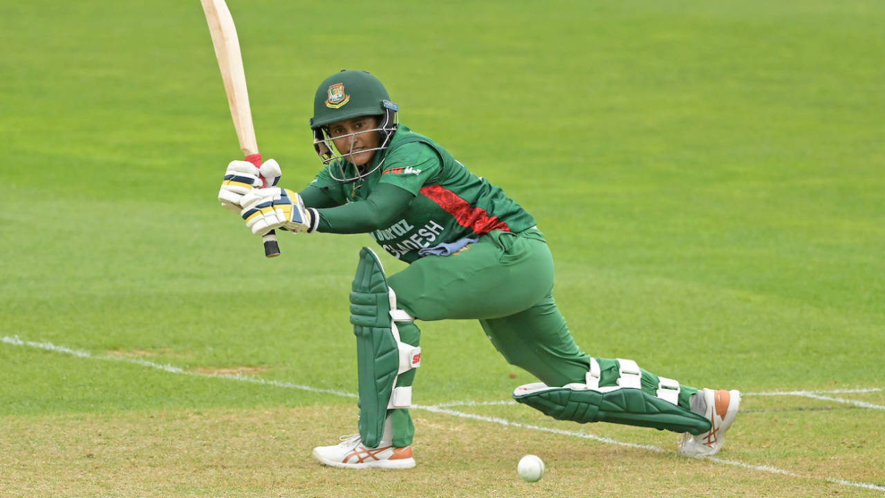 Lata Mondal pushes the ball to the leg side during her short stay in the middle, New Zealand vs Bangladesh, 2nd women's ODI, Napier, December 14, 2022