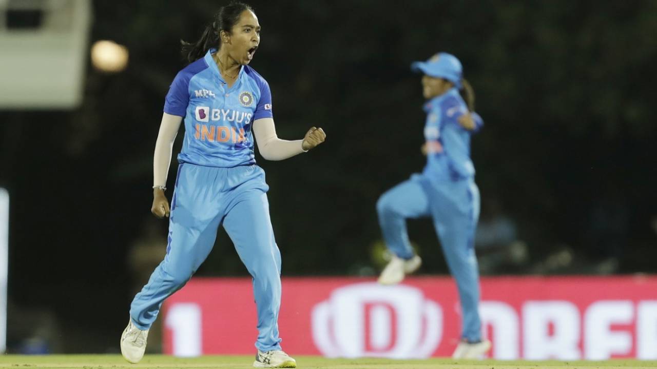 Anjali Sarvani celebrates after castling Tahlia McGrath for her maiden international wicket, India vs Australia, 3rd T20I, Mumbai, December 14, 2022