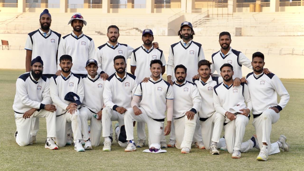The Punjab players pose after the match, Punjab vs Chandigarh, Mullanpur, 4th day, Ranji Trophy, December 16, 2022