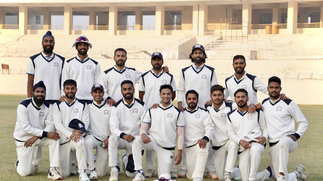 The Punjab players pose after the match, Punjab vs Chandigarh, Mullanpur, 4th day, Ranji Trophy, December 16, 2022