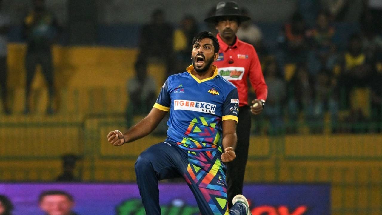 Kalana Perera roars after taking a wicket, Dambulla Aura vs Kandy Falcons, LPL 2022, Colombo, December 18, 2022