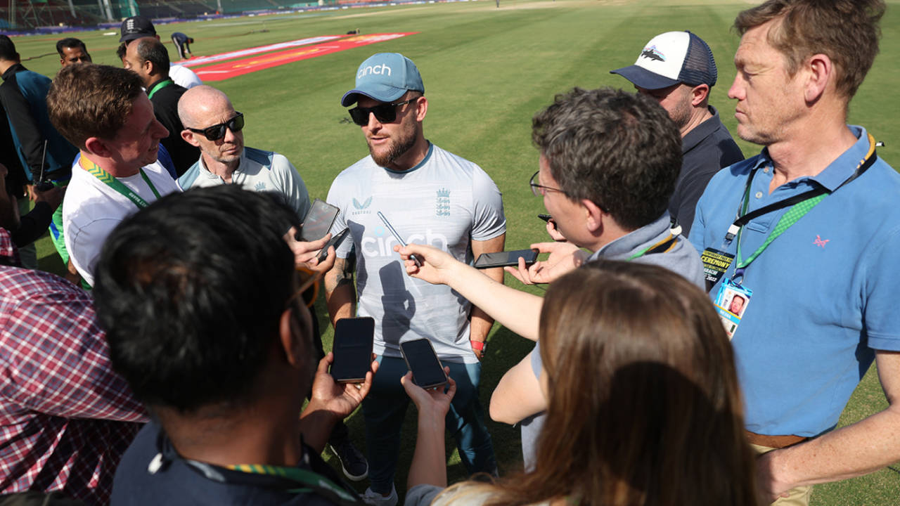 Brendon McCullum speaks to the touring media on the outfield&nbsp;&nbsp;&bull;&nbsp;&nbsp;Matthew Lewis/Getty Images