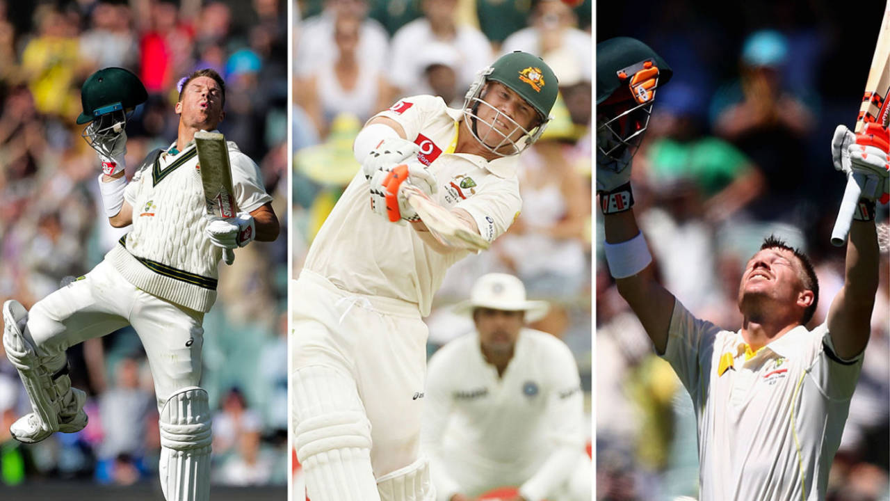 Left to right: Celebrating his triple century; taking on the India bowlers; remembering Phil Hughes