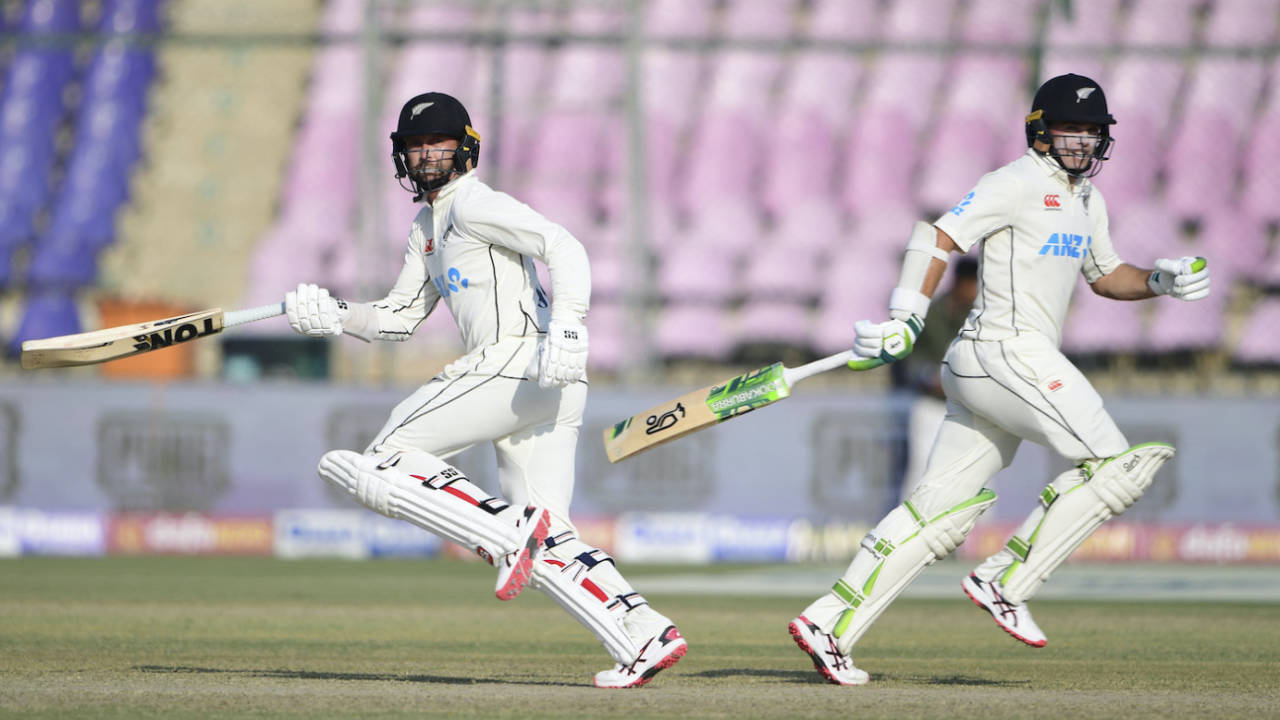 Devon Conway and Tom Latham ended the day with an unbeaten 165-run stand&nbsp;&nbsp;&bull;&nbsp;&nbsp;AFP/Getty Images