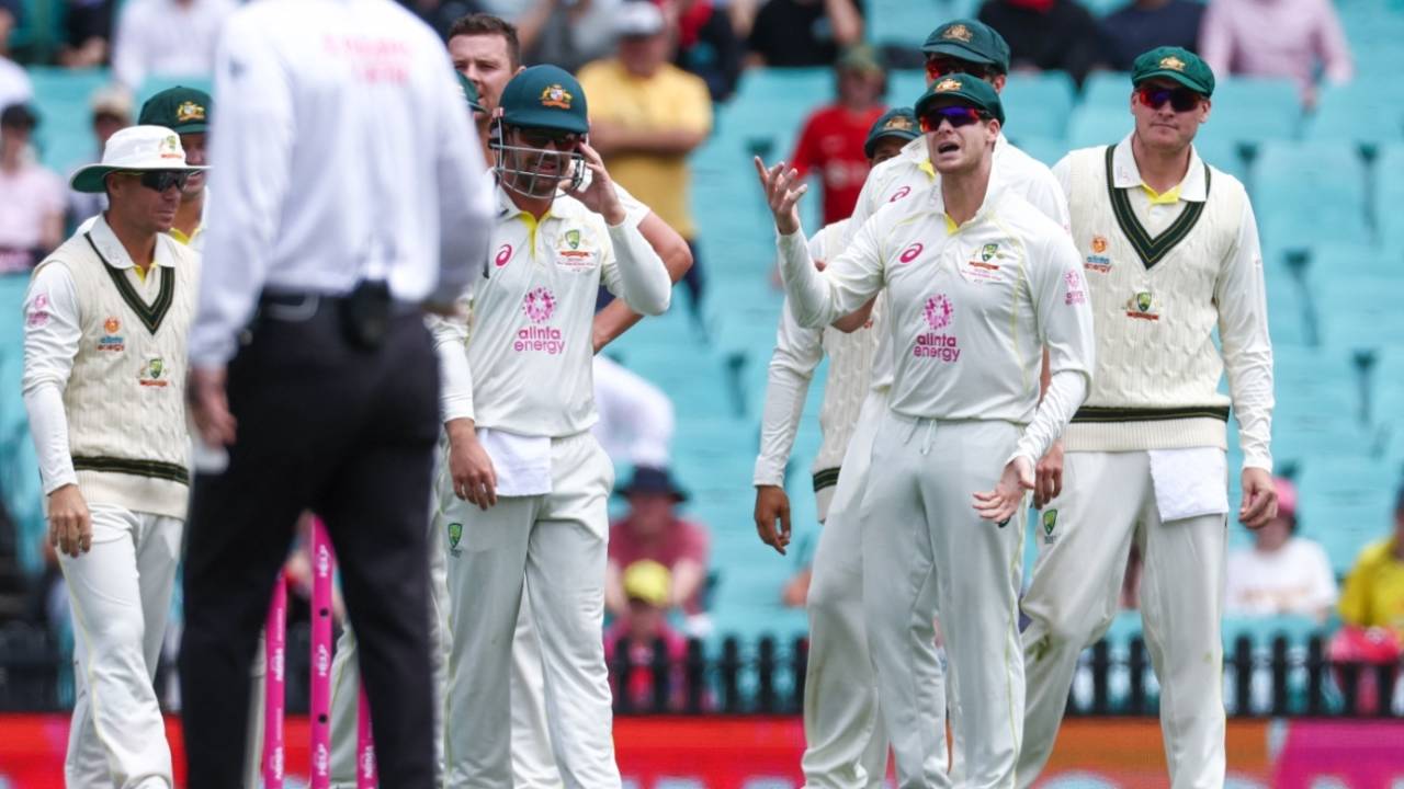 Steven Smith reacts after the third umpire ruled that he hadn't caught Dean Elgar cleanly in the slips&nbsp;&nbsp;&bull;&nbsp;&nbsp;AFP/Getty Images
