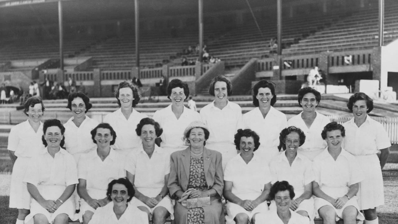 The 1951 Australian Women's Cricket Team from left to right (back row), Valma Batty, Alma Vogt, Myrtle Baylis, Mavis Jones, Ruth Dow, Betty Wilson, Dot Laughton, Gladys Phillips, (front row sitting) Mary Allitt, Joan Schmidt, Mollie Dive (team captain), Ray Miller (team manager), Una Paisley, Amy Hudson, Norma Whiteman and sitting on the ground Lorna Larter and June James
