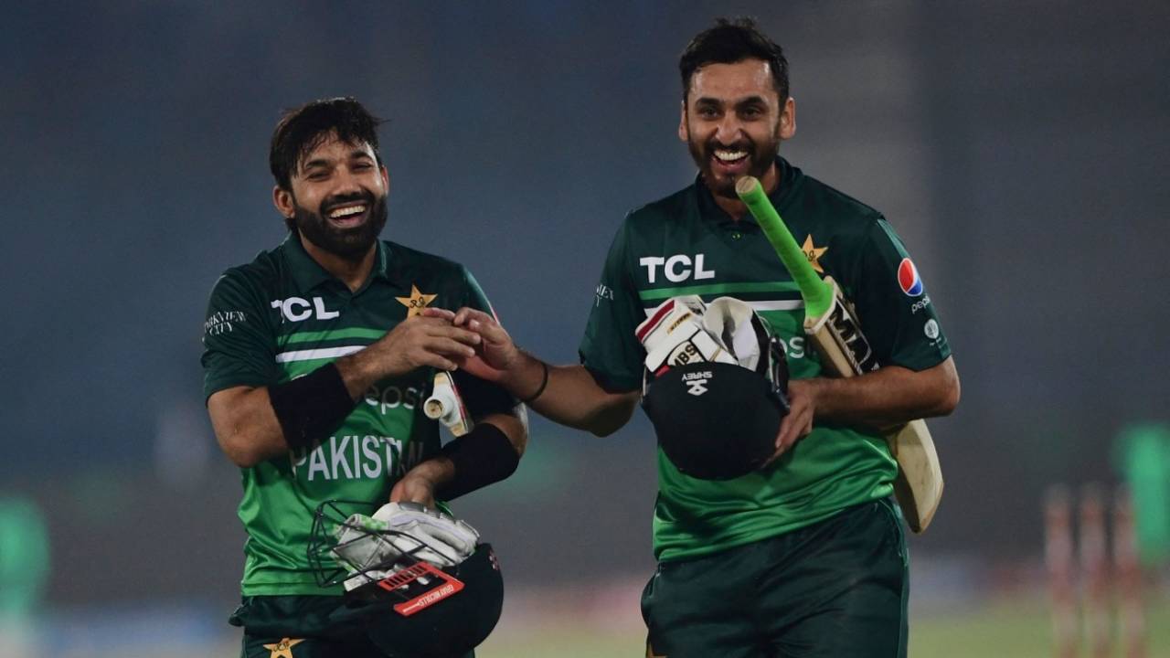Mohammad Rizwan and Agha Salman are all smiles after Pakistan got over the line by six wickets&nbsp;&nbsp;&bull;&nbsp;&nbsp;AFP/Getty Images