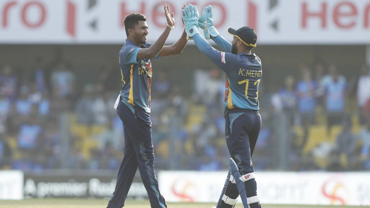Dilshan Madushanka celebrates a wicket with Kusal Mendis&nbsp;&nbsp;&bull;&nbsp;&nbsp;BCCI