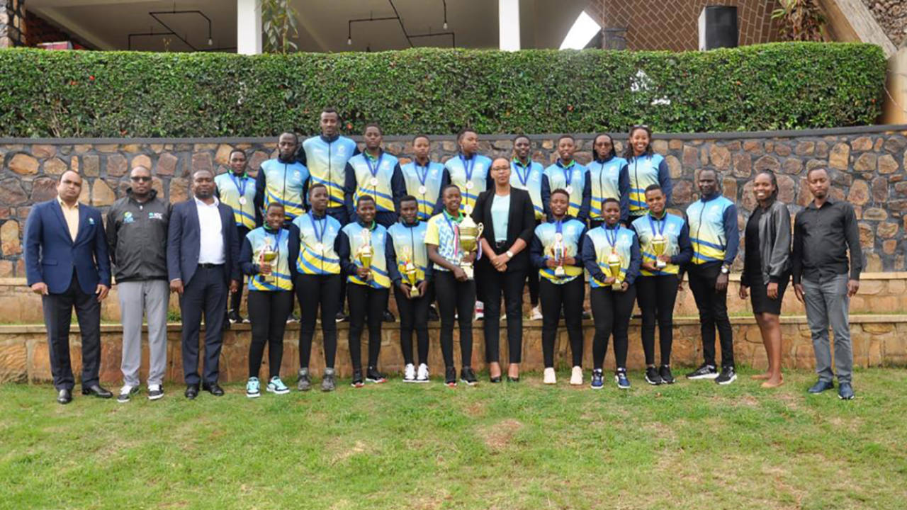 Rwanda's U19 Women's team with Sports Minister Aurore Mimosa Munyangaju after defeating Tanzania to qualify for the World Cup&nbsp;&nbsp;&bull;&nbsp;&nbsp;Rwanda Cricket