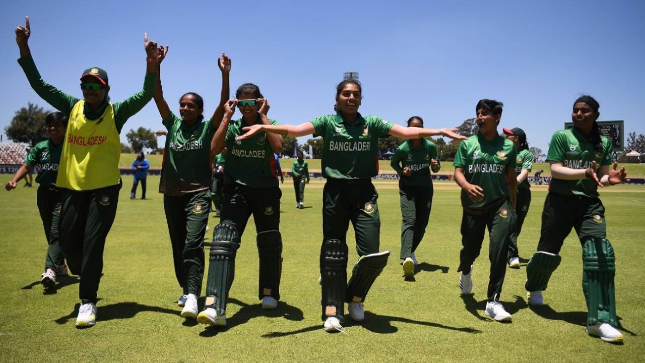 Bangladesh celebrate after beating Australia at the Under-19 Women's World Cup&nbsp;&nbsp;&bull;&nbsp;&nbsp;ICC via Getty Images