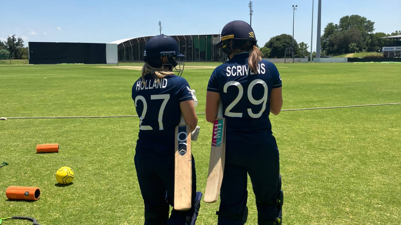 Niamh Holland and Grace Scrivens walk out to bat in a warm-up match against Indonesia ahead of the ICC Women's U19 T20 World Cup, South Africa, January 11, 2023