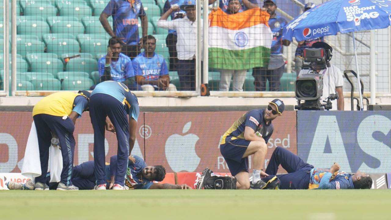 Ashen Bandara and Jeffrey Vandersay had a collision near the boundary in the 43rd over of India's innings&nbsp;&nbsp;&bull;&nbsp;&nbsp;Associated Press