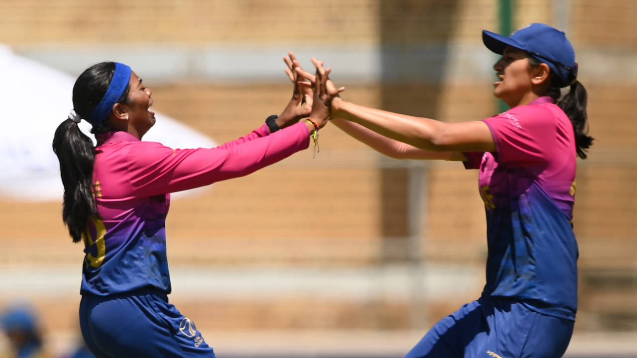 Indhuja Nandakumar and Mahika Gaur celebrate after combining to dismiss Shafali Verma, India vs UAE, Women's Under-19 World Cup, Benoni, January 16, 2023