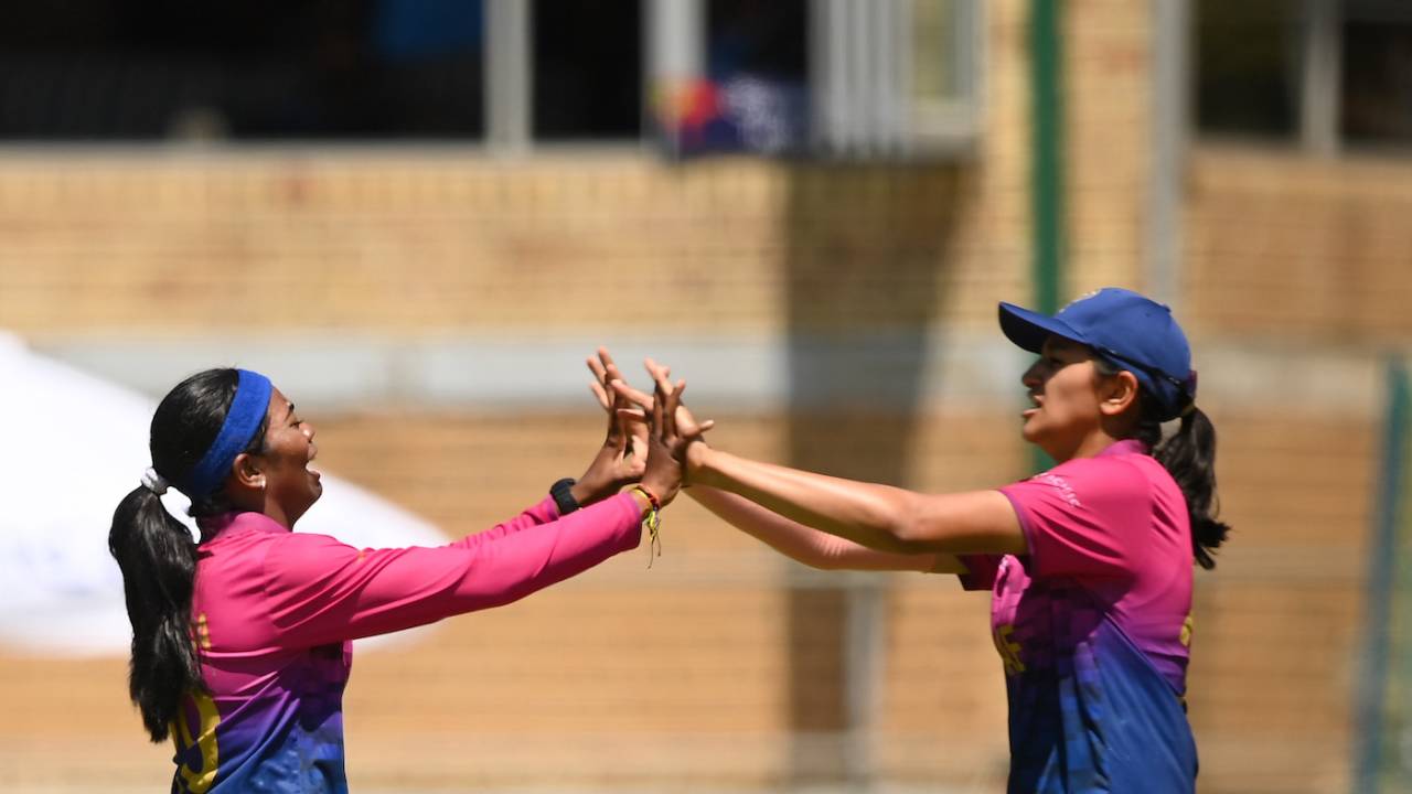 Indhuja Nandakumar and Mahika Gaur celebrate after combining to dismiss Shafali Verma, India vs UAE, Women's Under-19 World Cup, Benoni, January 16, 2023