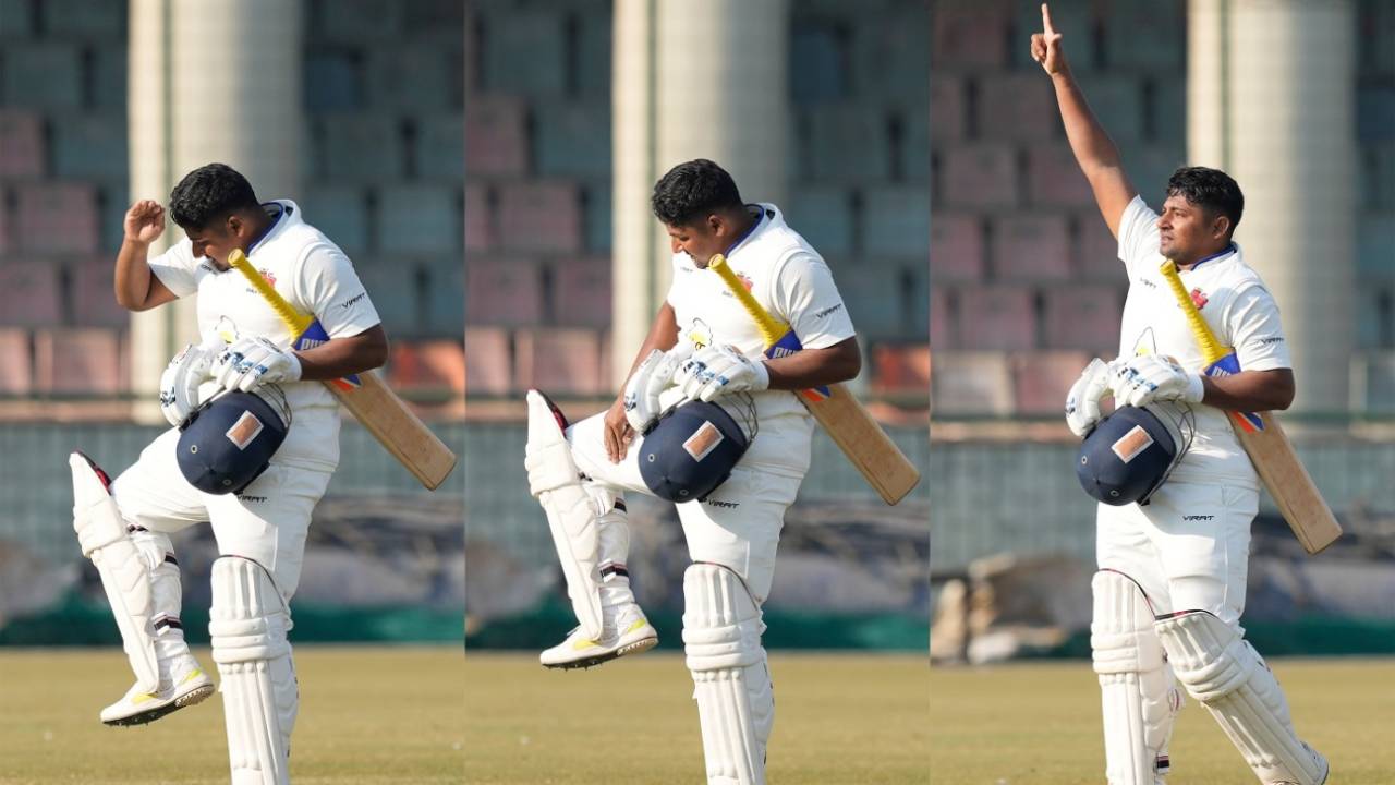 Sarfaraz Khan gestures after his hundred, Delhi vs Mumbai, Delhi, 1st day, Ranji Trophy 2022-23, January 17, 2023