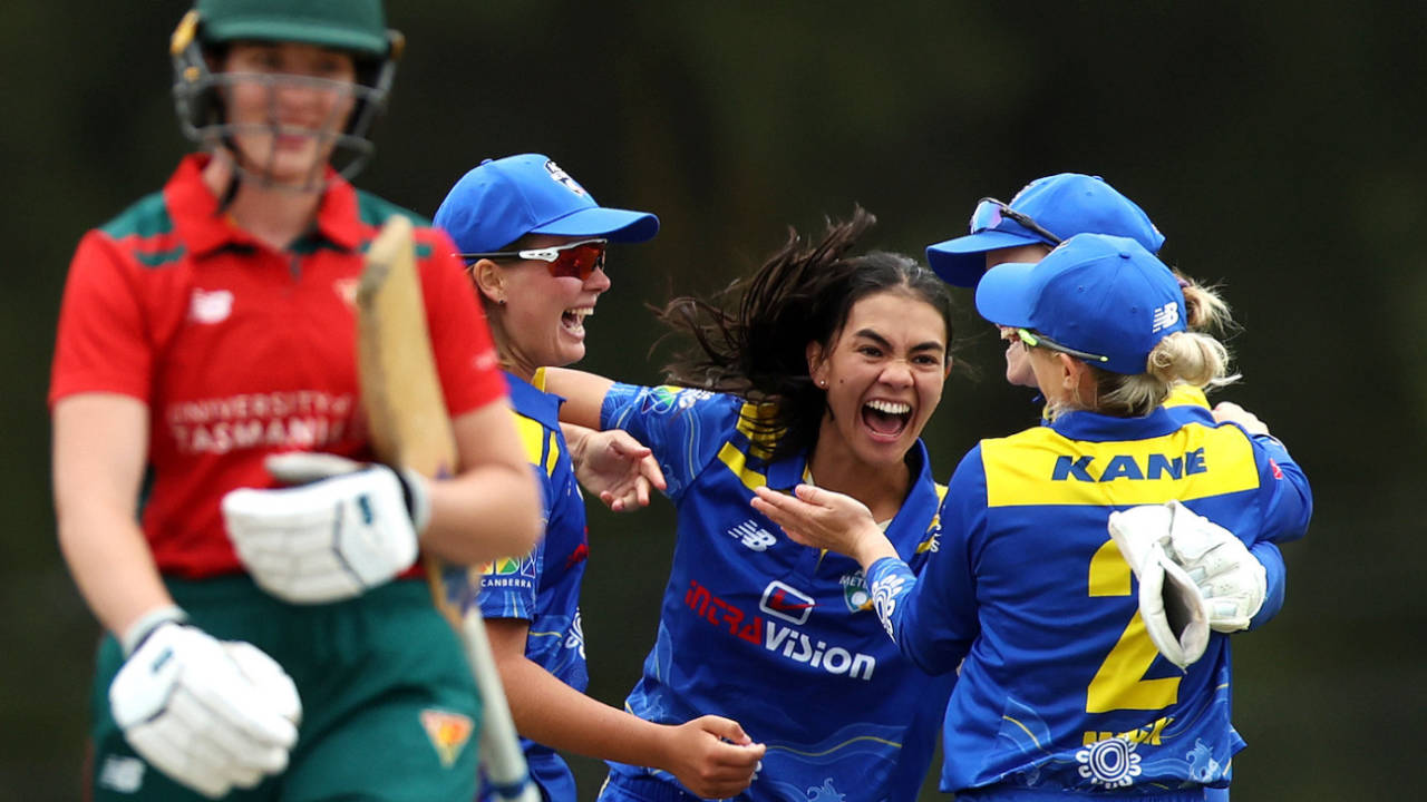 Gabrielle Sutcliffe is ecstatic after picking one of her four wickets, Australian Capital Territory vs Tasmania, WNCL 2022-23, Canberra, January 19, 2023