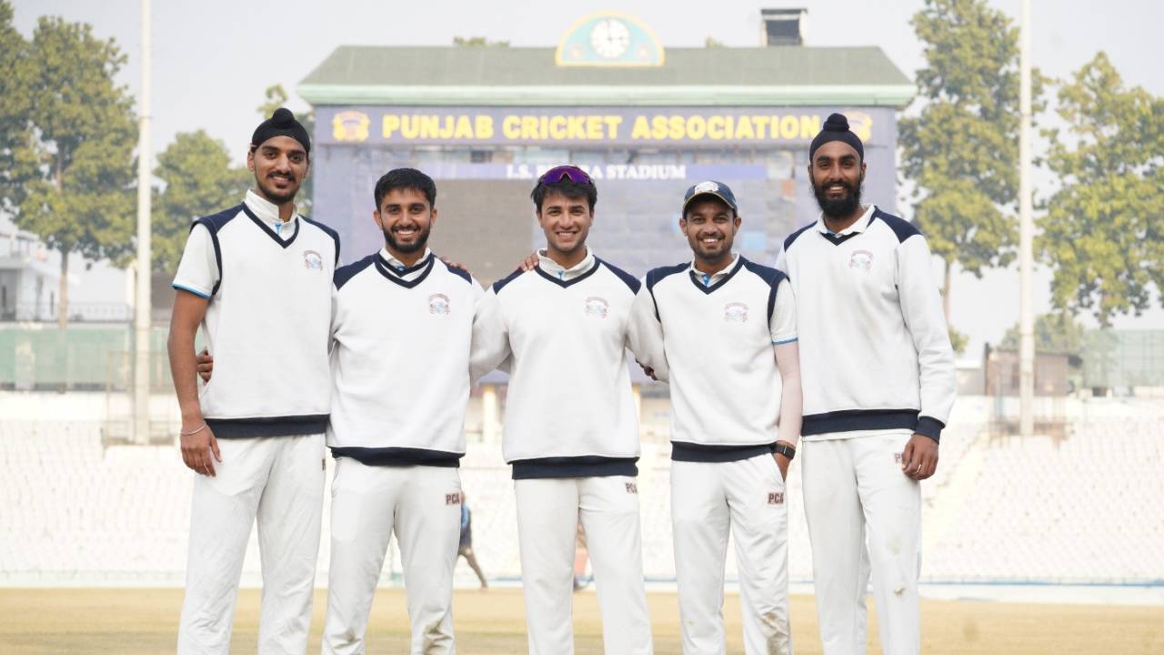 Arshdeep Singh, Mayank Markande, Abhishek Sharma, Siddarth Kaul and Baltej Singh pose after the game, Punjab vs Madhya Pradesh, Mohali, 3rd day, Ranji Trophy, January 19, 2023