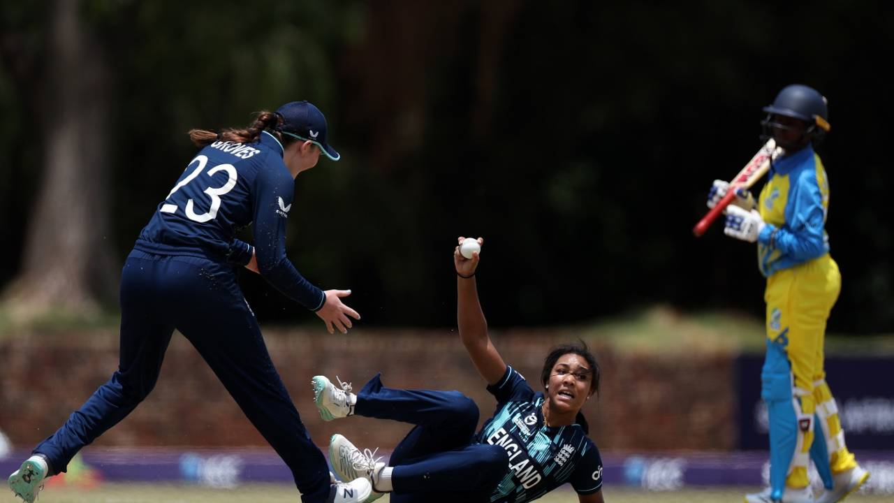 Davina Perrin celebrates after taking a one-handed catch, England U19 vs Rwanda U19, ICC Women's U19 T20 World Cup, Potchefstroom, January 19, 2023