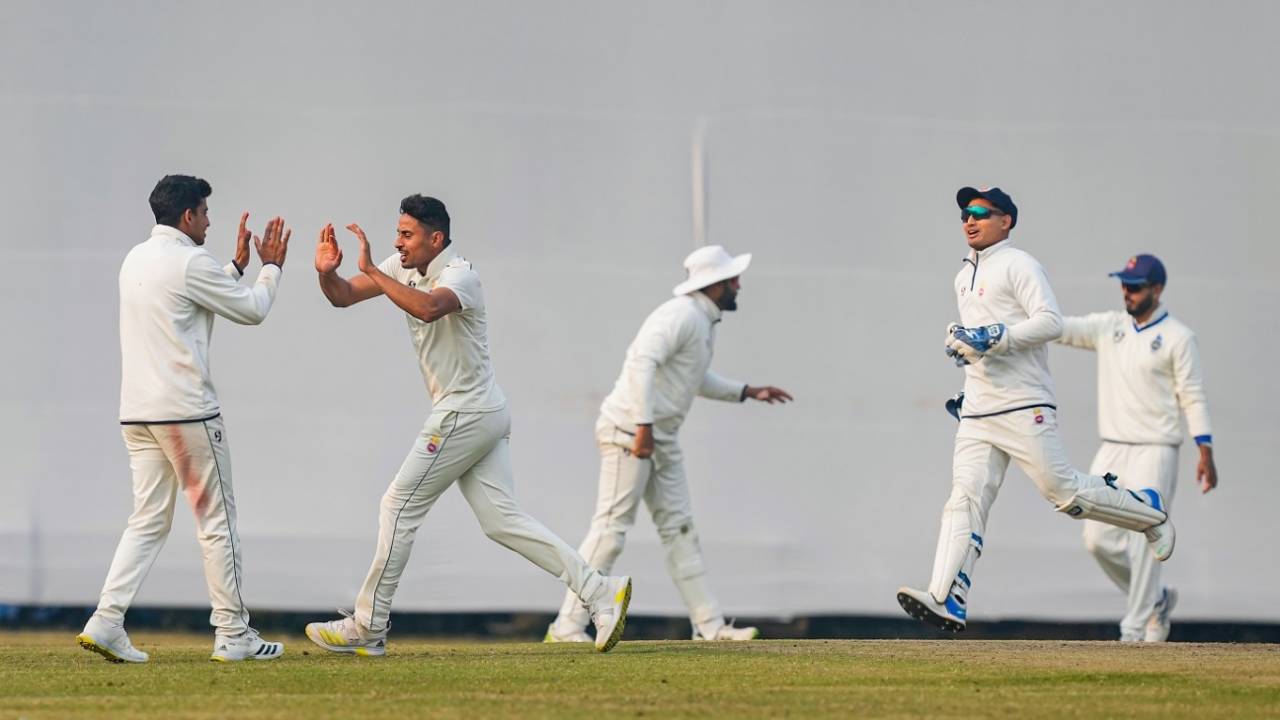 Pranshu Vijayran celebrates dismissing Ajinkya Rahane, Delhi vs Mumbai, Delhi, 3rd day, Ranji Trophy, January 19, 2023