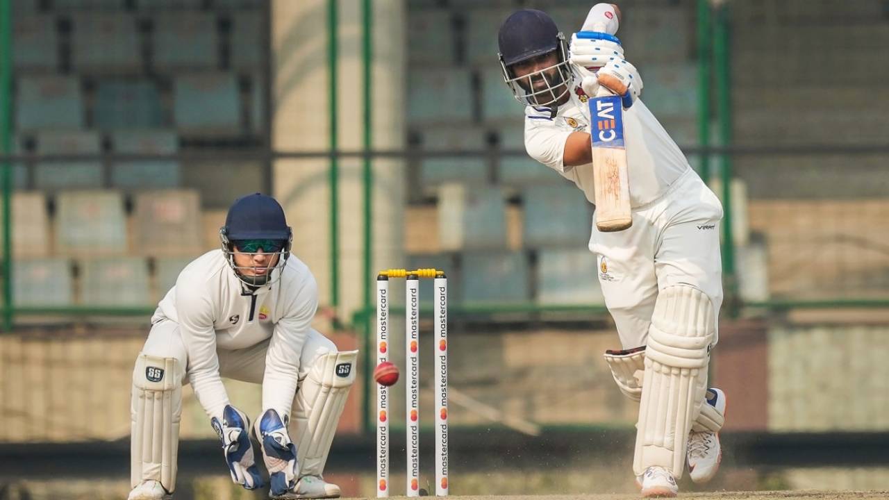 Ajinkya Rahane pushes one down the ground, Delhi vs Mumbai, Delhi, 3rd day, Ranji Trophy January 19, 2023
