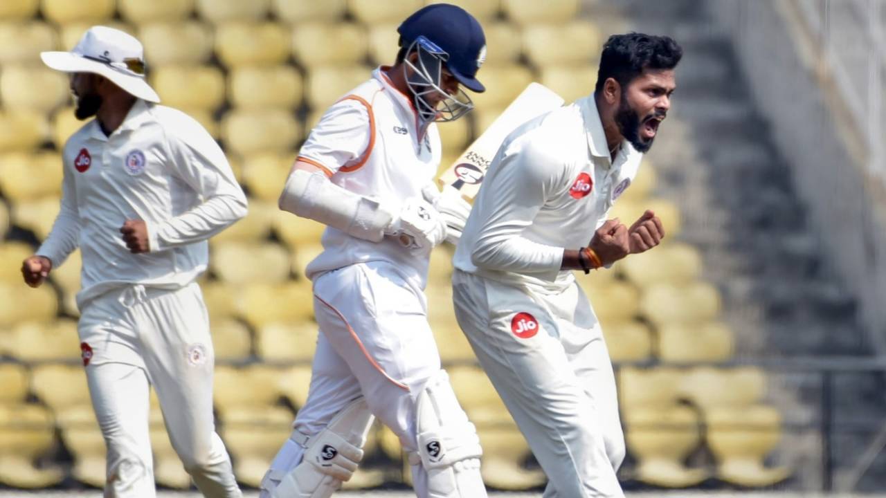 Tejas Patel celebrates a wicket, Vidarbha vs Gujarat, Nagpur, 1st day, January 17, 2023