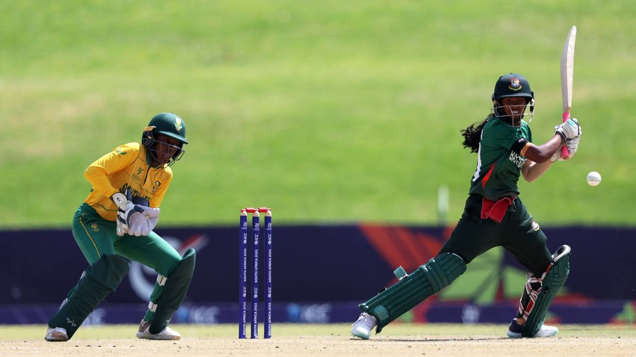 Shorna Akter of Bangladesh plays a shot as Karabo Meso of South Africa looks on, South Africa vs Bangladesh, Women's U19 T20 World Cup, Potchefstroom, January 21, 2023