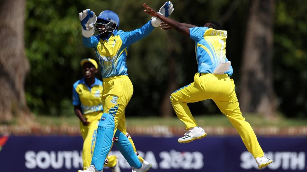 Wicketkeeper Merveille Uwase and Sylvia Usabyimana celebrate a dismissal, West Indies vs Rwanda, U19 Women's T20 World Cup, Potchefstroom, January 22, 2023
