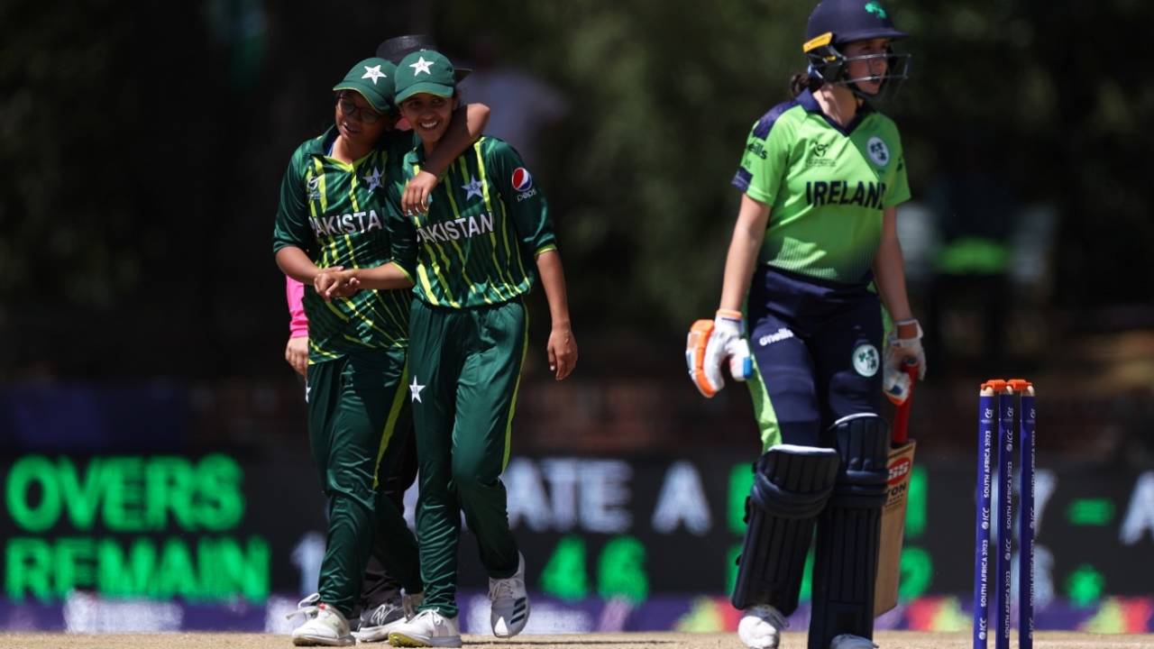 Rida Aslam celebrates a wicket with Areesha Noor, Ireland vs Pakistan, U19 Women's T20 World Cup, Potchefstroom, January 23, 2023