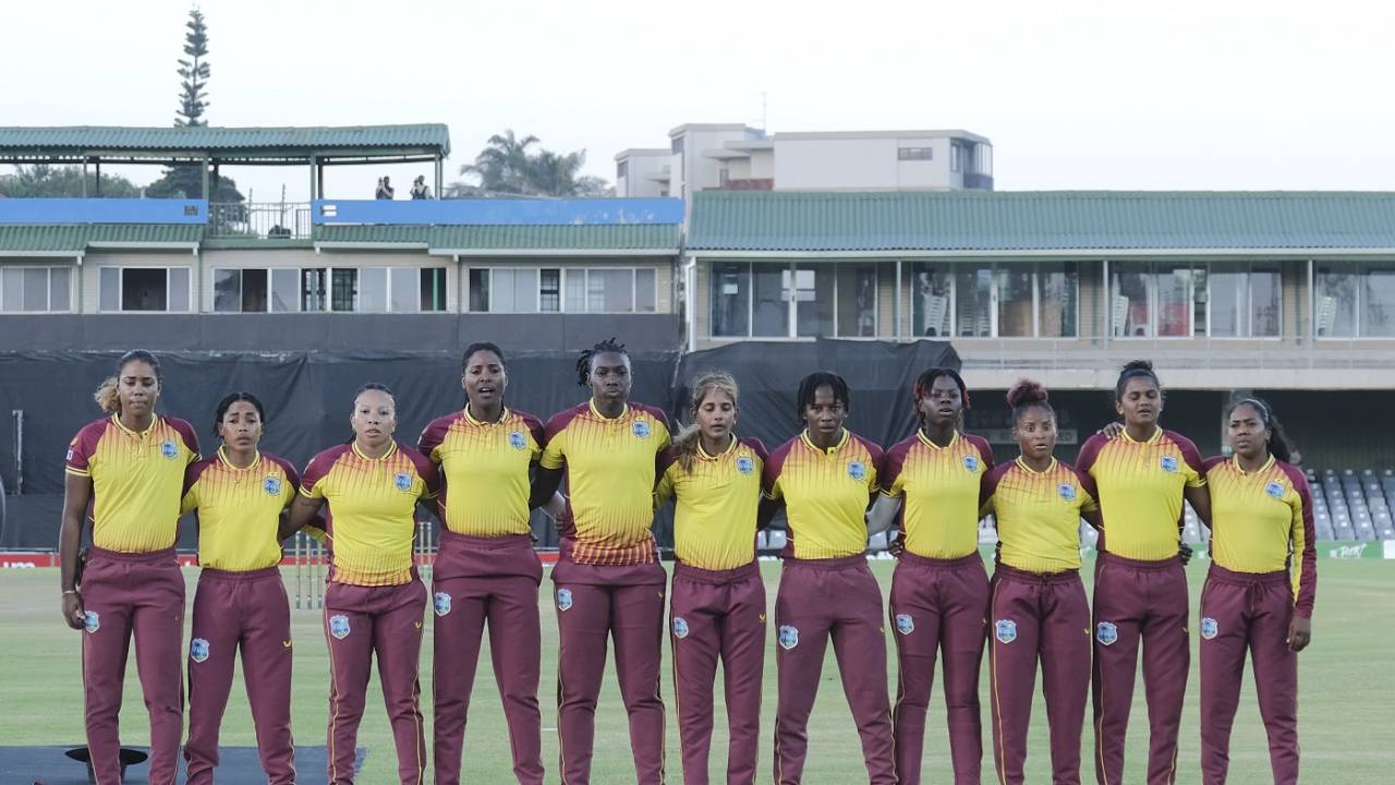 West Indies line up for their anthem, India vs West Indies, Women's T20I Tri-Series, East London, January 23, 2023