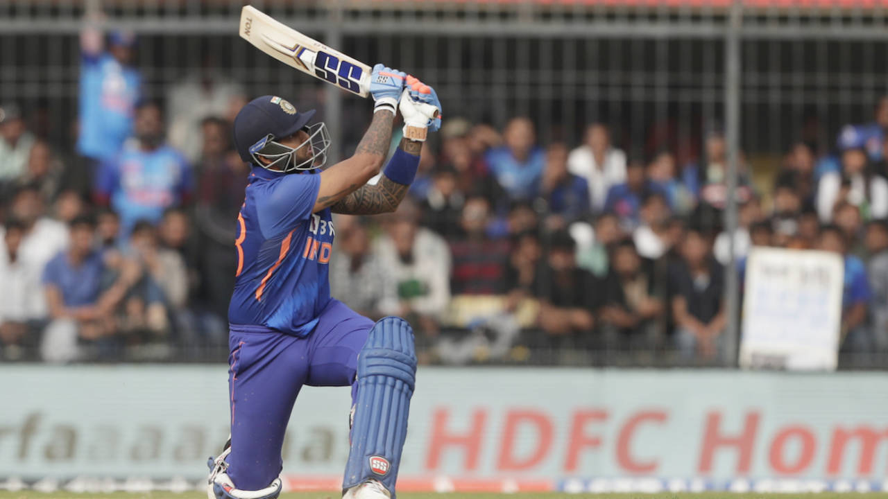 Suryakumar Yadav lofts over the leg side, India vs New Zealand, 3rd ODI, Indore, January 24, 2023