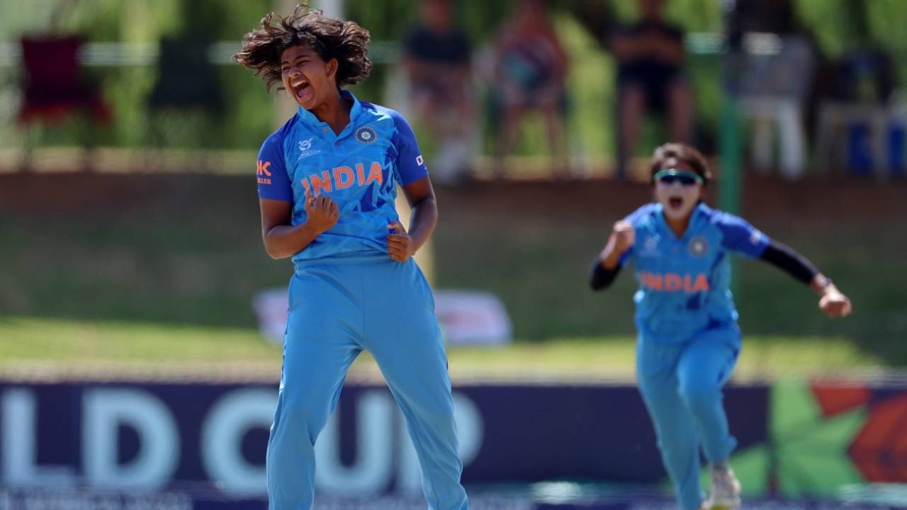 Titas Sadhu exults after trapping Emma McLeod in front, India vs New Zealand, Under-19 Women's T20 World Cup, semi-final, Potchefstroom, January 27, 2023
