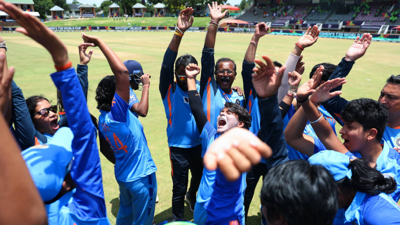 India's support staff and players celebrate the win, India vs New Zealand, Under-19 Women's T20 World Cup, semi-final, Potchefstroom, January 27, 2023