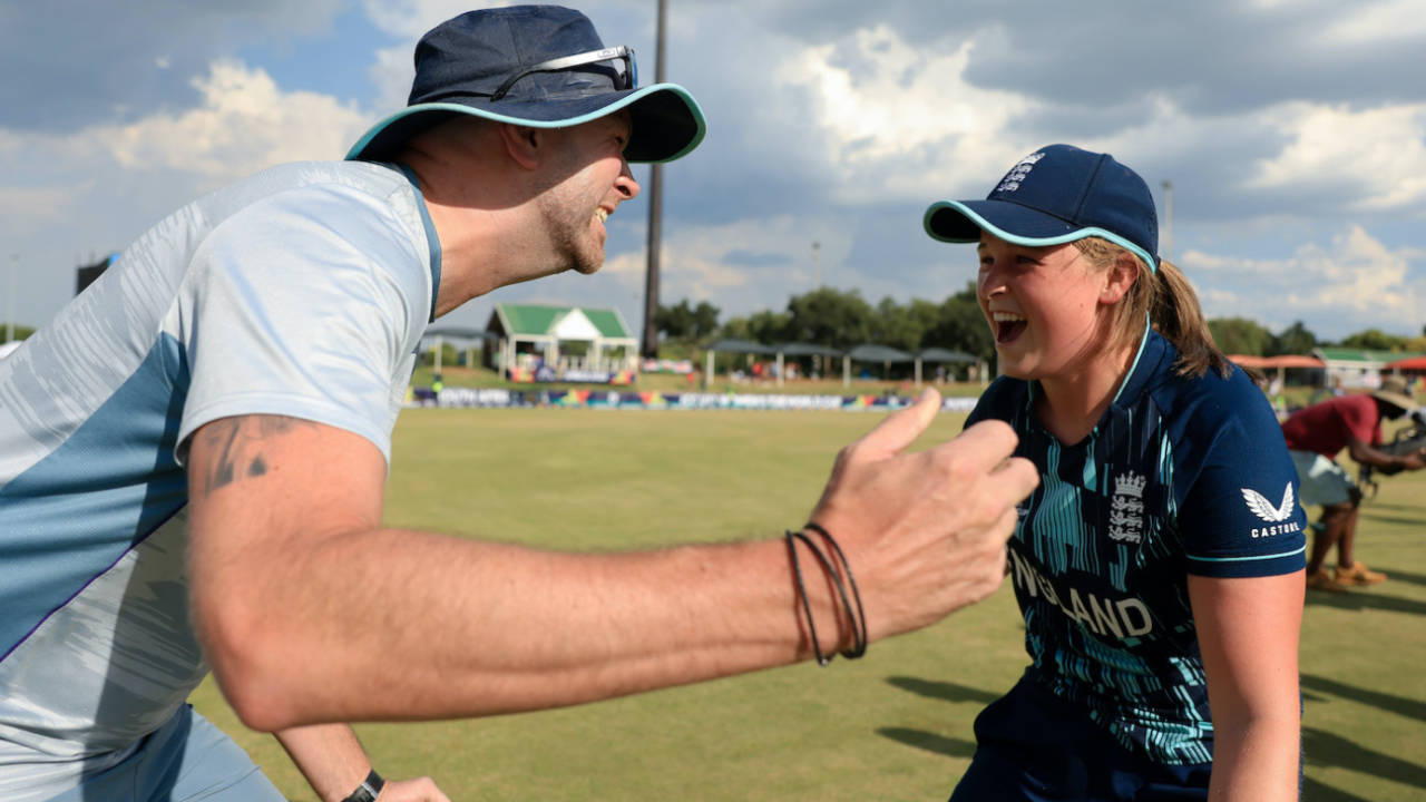 Grace Scrivens and coach, Chris Guest, celebrate, Australia vs England, Under-19 Women's T20 World Cup, semi-final, Potchefstroom, January 27, 2023