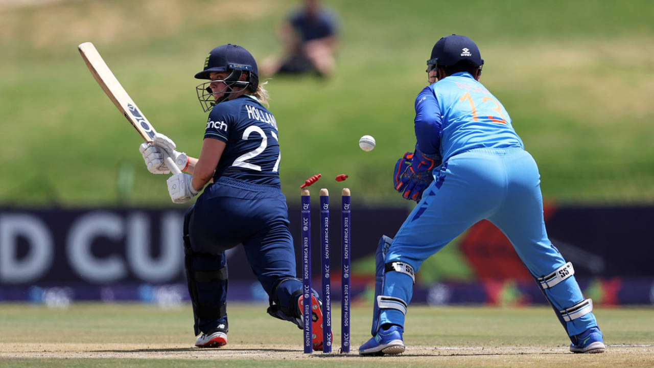 Niamh Holland is bowled by Archana Devi, India U19 Women vs England U19 Women, ICC Women's U19 T20 World Cup Final, Potchefstroom, South Africa, January 29, 2023