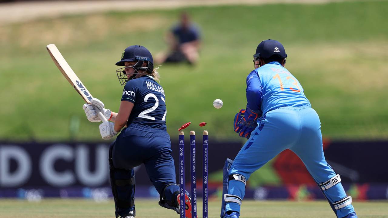 Niamh Holland is bowled by Archana Devi, India U19 Women vs England U19 Women, ICC Women's U19 T20 World Cup Final, Potchefstroom, South Africa, January 29, 2023