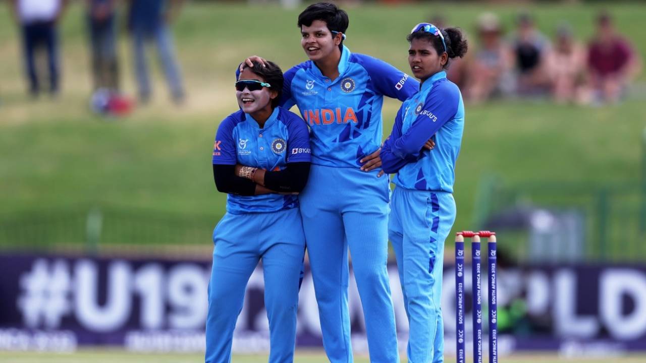Shafali Verma, Hrishitha Basu and Archana Devi celebrate a wicket, India vs England, U-19 Women's T20 World Cup, final, Potchefstroom, January 29, 2023