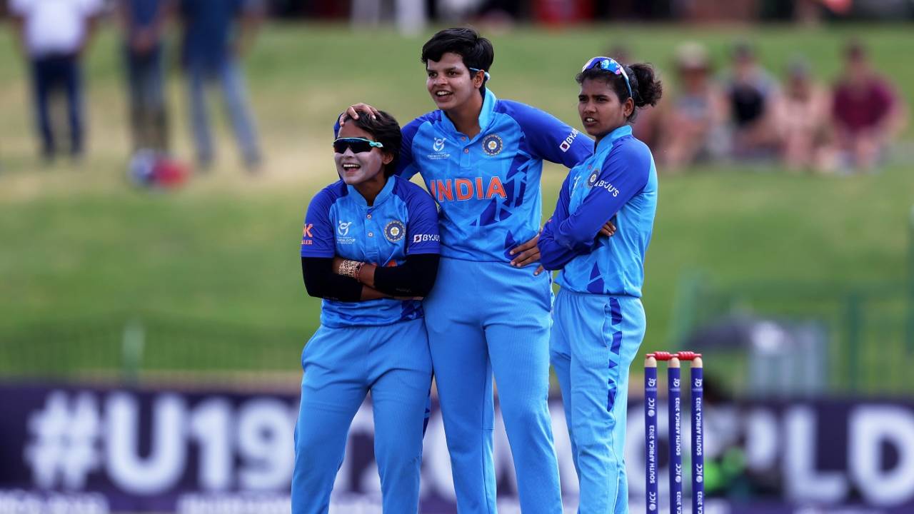 Shafali Verma, Hrishitha Basu and Archana Devi celebrate a wicket