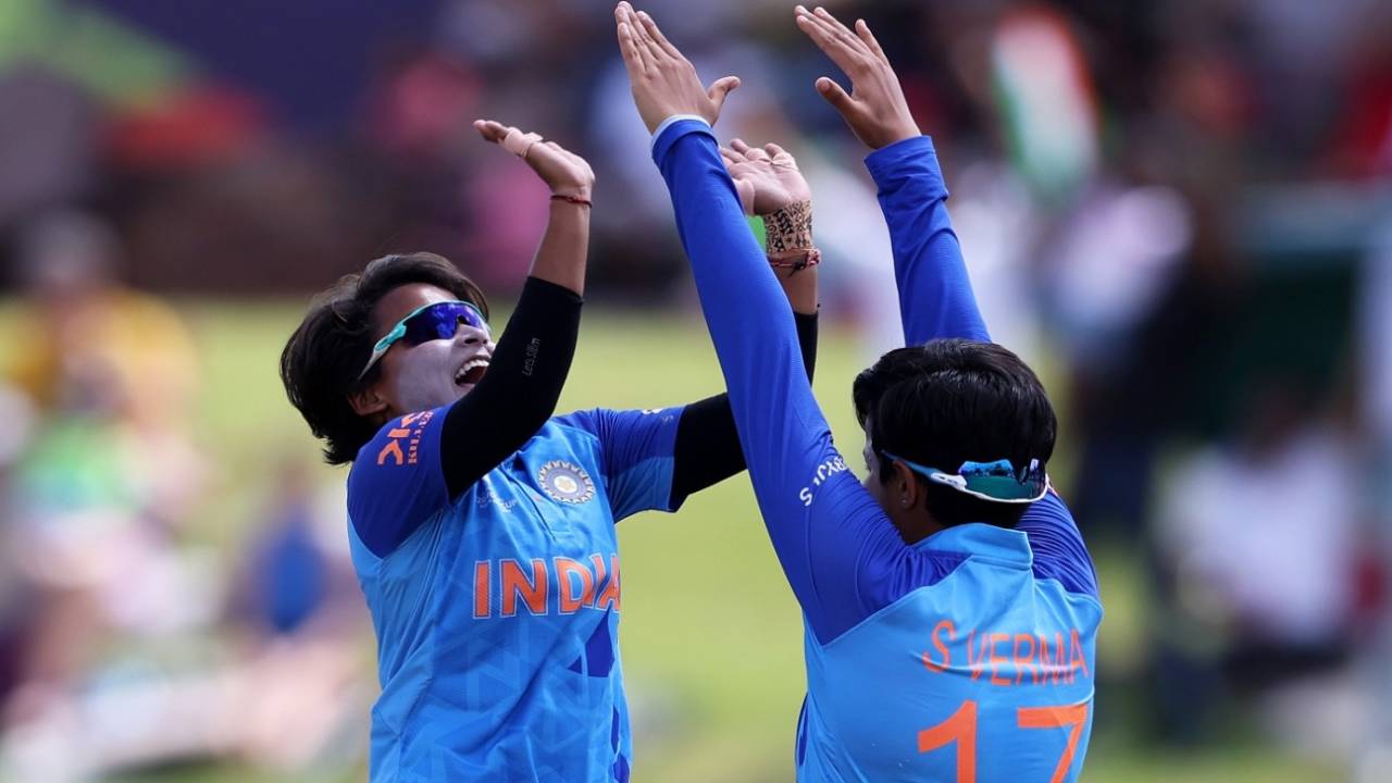 Leap of faith - Hrishita Basu and Shafali Verma celebrate a dismissal, India vs England, U-19 Women's T20 World Cup, final, Potchefstroom, January 29, 2023