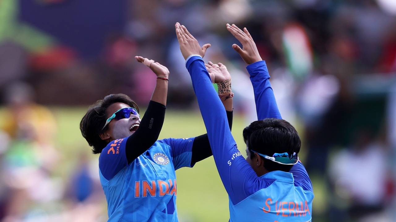 Leap of faith - Hrishita Basu and Shafali Verma celebrate a dismissal, India vs England, U-19 Women's T20 World Cup, final, Potchefstroom, January 29, 2023