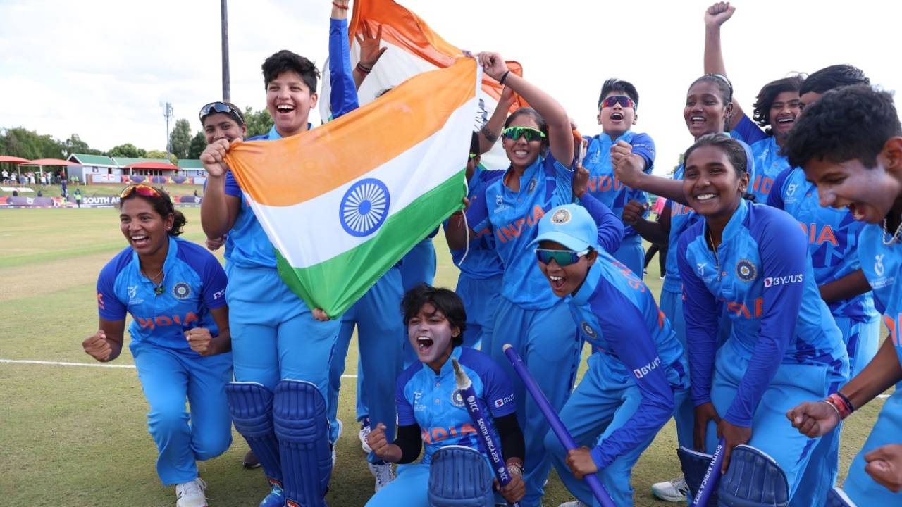 The victorious Indian team pose after clinching the Under-19 Women's T20 World Cup, India vs England, U-19 Women's T20 World Cup, final, Potchefstroom, January 29, 2023