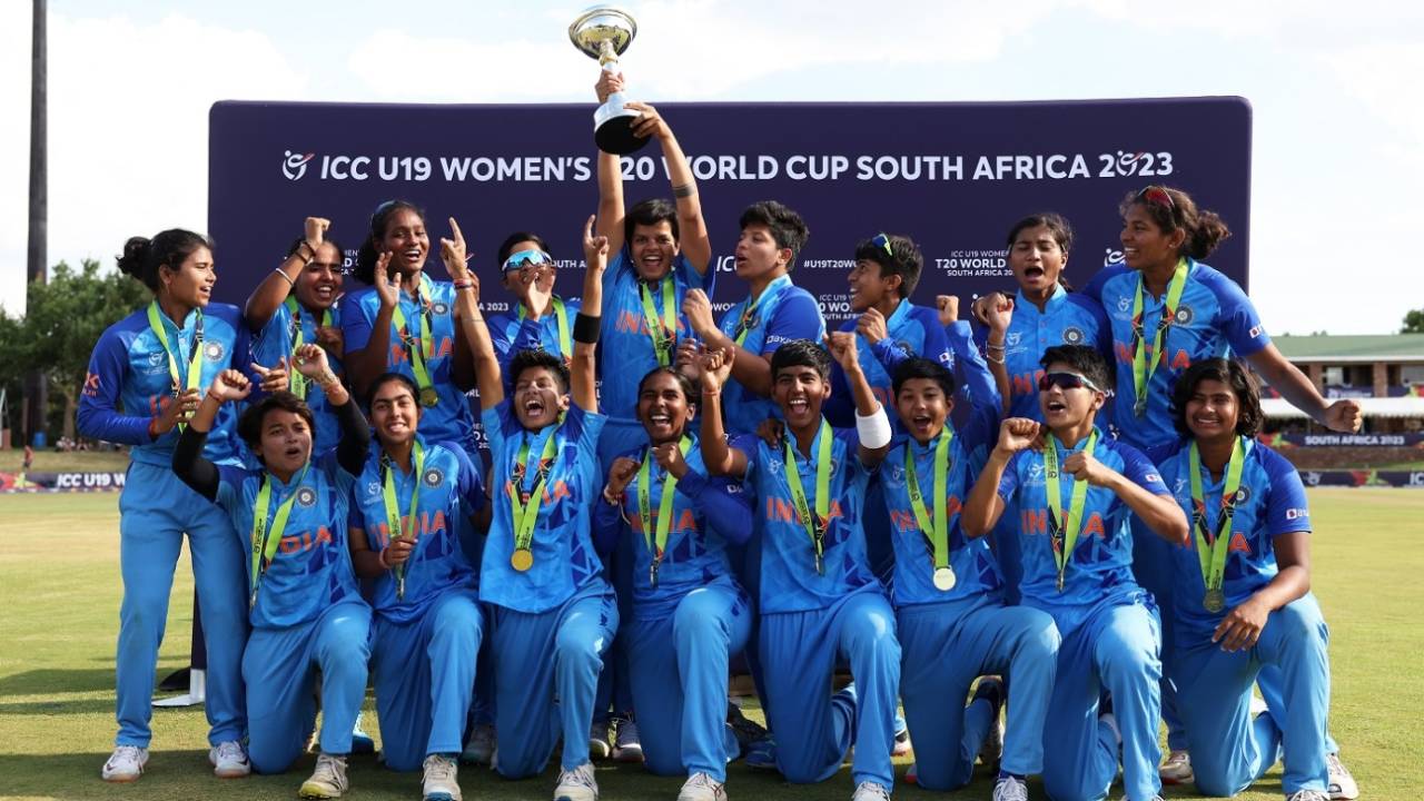 Shafali Verma lifts the Under-19 Women's T20 World Cup&nbsp;&nbsp;&bull;&nbsp;&nbsp;ICC/Getty Images